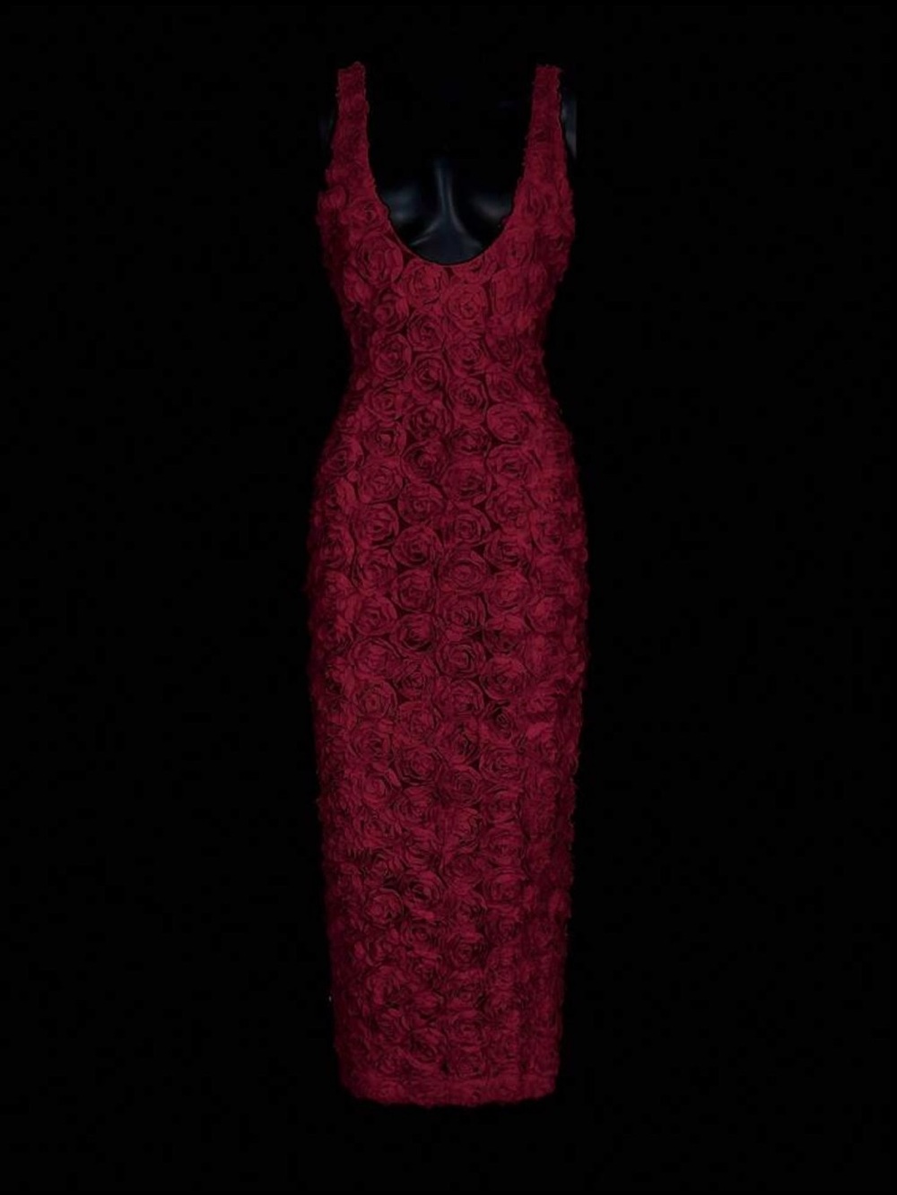 SHEIN Wine Red Rose-Textured Midi Bodycon Dress